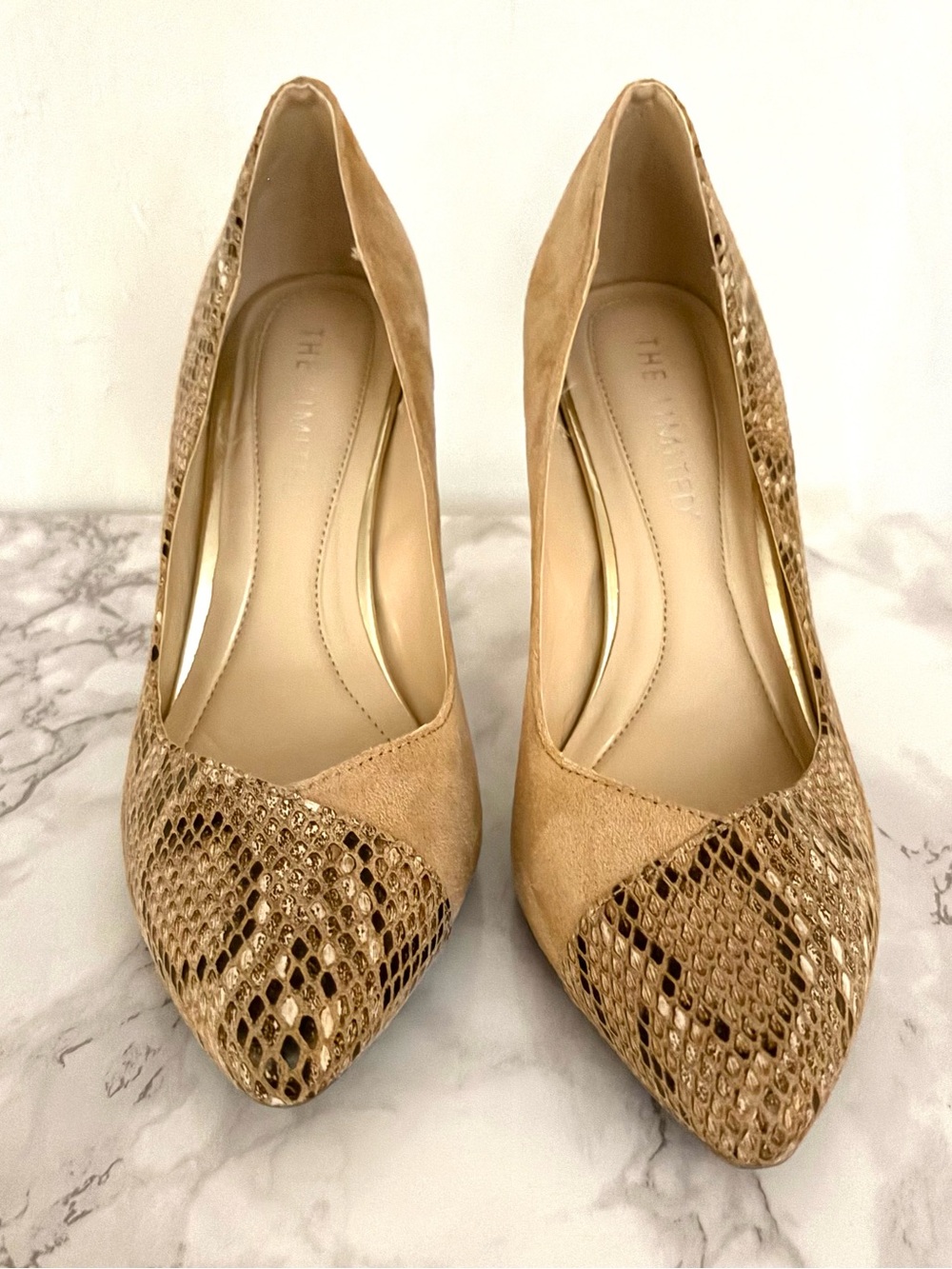 The Limited Beige/Tan Snake-Embossed Pointed Toe Pumps